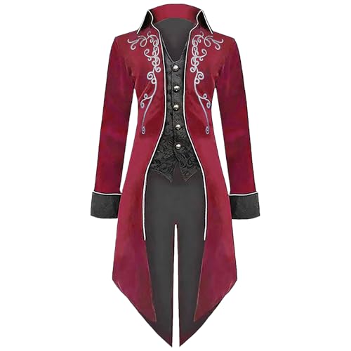 MVFEUIJ Herren Mittelalter Steampunk Gothic Frack Herren Jacke, Renaissance Retro viktorianische Hof Stickerei Mantel, Halloween Kostüm Karneval Party Cosplay Kleidung (Rot, 3XL) von MVFEUIJ