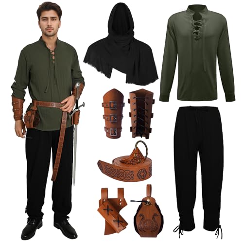 MVFEUIJ Mittelalter Herren Renaissance Kostüm Set, Viking Kostüm Schnürhemd Herren Hose mit Zubehör, Halloween-Kostüm für Cosplay, Maskerade, Zauberer (Grünes Hemd, XL) von MVFEUIJ