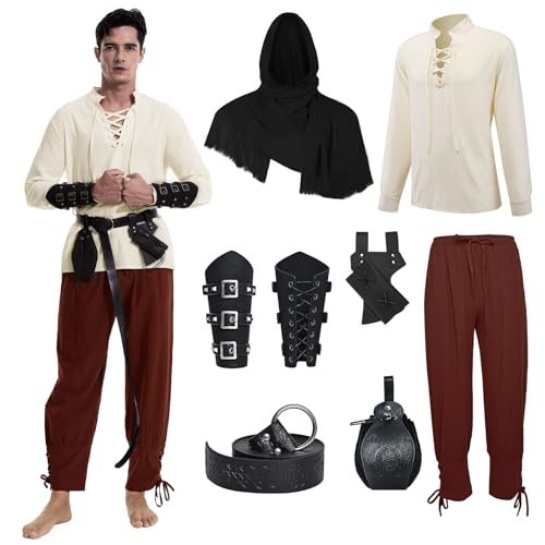 MVFEUIJ Mittelalter Herren Renaissance Kostüm Set, Viking Kostüm Schnürhemd Herren Hose mit Zubehör, Halloween-Kostüm für Cosplay, Zauberer, Maskerade (Braune Hosen, S) von MVFEUIJ