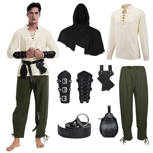 MVFEUIJ Mittelalter Herren Renaissance Kostüm Set, Viking Kostüm Schnürhemd Herren Hose mit Zubehör, Halloween-Kostüm für Cosplay, Zauberer, Maskerade (Grüne Hose, S) von MVFEUIJ
