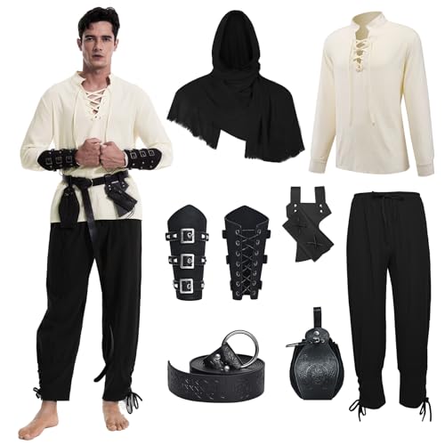 MVFEUIJ Mittelalter Herren Renaissance Kostüm Set, Viking Kostüm Schnürhemd Herren Hose mit Zubehör, Halloween-Kostüm für Cosplay, Zauberer, Maskerade (Schwarze Hosen, M) von MVFEUIJ