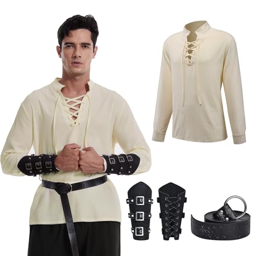 MVFEUIJ Mittelalter Kleidung Herren Set, Herren Renaissance Kostüm Set mit Gürtel, Handgelenkschützer Zubehör 5 Set für Cosplay, Zauberer, Halloween (Schwarz, M) von MVFEUIJ