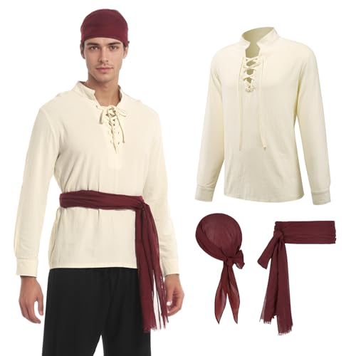 MVFEUIJ Mittelalter Kleidung Herren Set, Mittelalterliches Piratenhemd mit Zubehör Herren Renaissance Kostüm für Halloween Cosplay Party (Beige, L) von MVFEUIJ