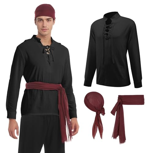 MVFEUIJ Mittelalter Kleidung Herren Set, Mittelalterliches Piratenhemd mit Zubehör Herren Renaissance Kostüm für Halloween Cosplay Party (Schwarz, XL) von MVFEUIJ