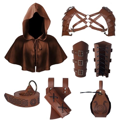 MVFEUIJ Mittelalter Ritter Zubehör, Halloween Mittelalter GüRtel Mönch Gugel Gürtel Tasche Armschienen Retro Zubehör Set, für Cosplay, Zauberer, Halloween (Braun) von MVFEUIJ