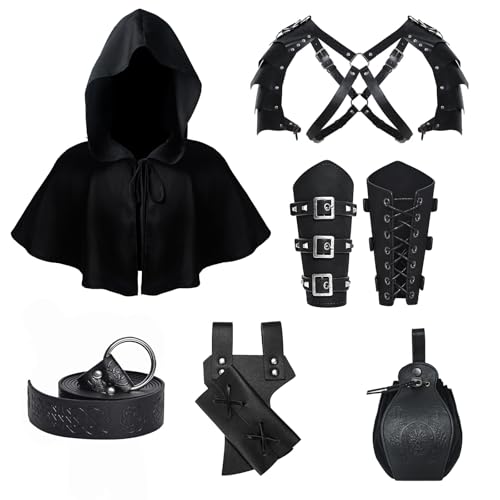 MVFEUIJ Mittelalter Ritter Zubehör, Halloween Mittelalter GüRtel Mönch Gugel Gürtel Tasche Armschienen Retro Zubehör Set, für Cosplay, Zauberer, Halloween (Schwarz) von MVFEUIJ