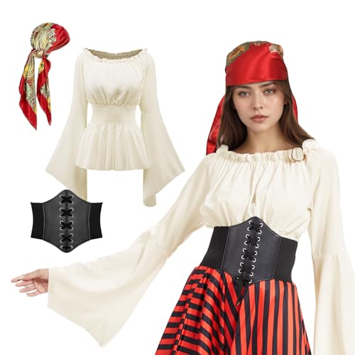 MVFEUIJ Piratenkostüm Damen Set Mittelalter, Piraten Kopftuch Schärpe Damen, Piratenkostüm Set für Karneval Cosplay (Off-White, M) von MVFEUIJ