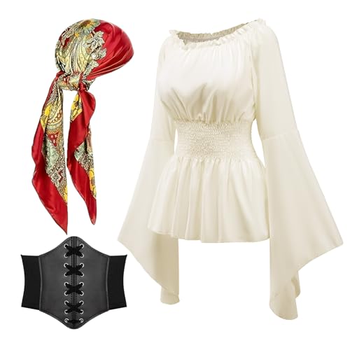 MVFEUIJ Piratenkostüm Damen Set Mittelalter, Piraten Kopftuch Schärpe Damen, Piratenkostüm Set für Karneval Cosplay (Off-White, XL) von MVFEUIJ