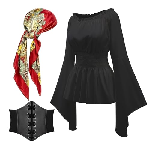 MVFEUIJ Piratenkostüm Damen Set Mittelalter, Piraten Kopftuch Schärpe Damen, Piratenkostüm Set für Karneval Cosplay (Schwarz, M) von MVFEUIJ