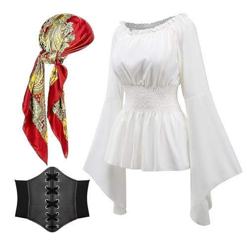 MVFEUIJ Piratenkostüm Damen Set Mittelalter, Piraten Kopftuch Schärpe Damen, Piratenkostüm Set für Karneval Cosplay (Weiß, L) von MVFEUIJ