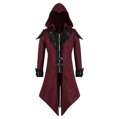 MVFEUIJ Steampunk Herren Jacke mit Kapuze, Gothic Frack Herren Mantel Mittelalter Viktorianischen Palast Vintage Mantel, Halloween Kostüm Karneval Party Cosplay Kleidung (Rot, S) von MVFEUIJ