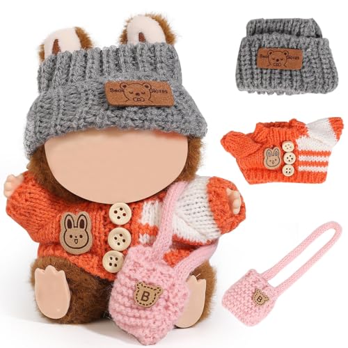 MVOHSMVO Kleidung für Labubu (ohne Puppe), 3-teiliges Set mit Mütze, Kleidung, Rucksack zum Stehen/Sitzen oder jede 17 cm große Puppe (grauer Hut/orangefarbenes Hemd/rosa Tasche) von MVOHSMVO