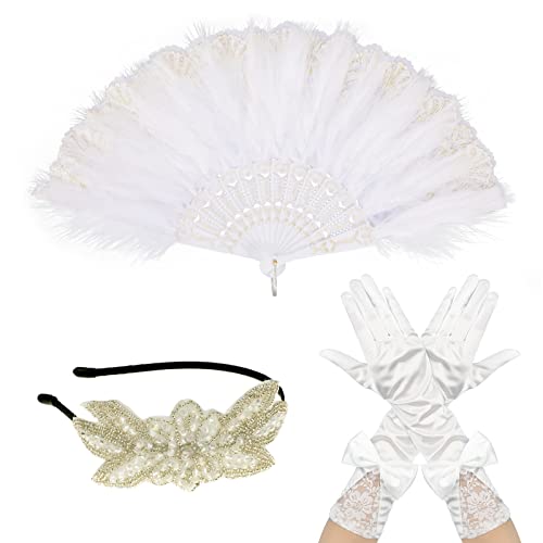 MWOOT 20er Jahre Kostüm Accessoires, 1920er Mottoparty Kopfschmuck Federfächer Handschuhe für Damen, Weiß von MWOOT