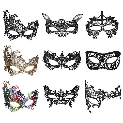 MWOOT Damen Maske (9er Set), Asymmetrisch Kostüm Spitzenmaske für Allerheiligenfest Kostümfeste Weiberfastnacht Maskenball Maskenparty Kostümteile Accessoires von MWOOT