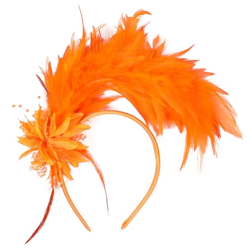 MWOOT Feder Haarschmuck Haarreif, 1920er Fascinator Kopfschmuck für Damen, Orange Feder 20er Jahre Stirnband mit Künstlichen Blumen für Karneval Halloween Cocktail Hochzeit Tee-Party Accessoires von MWOOT