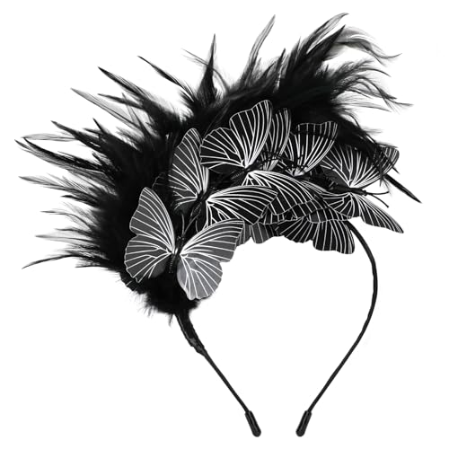 MWOOT Feder Schmetterling Haarschmuck Haarreif, 1920er Fascinator Kopfschmuck für Damen, Schwarz Feder 20er Jahre Stirnband mit Schmetterling für Karneval Cocktail Hochzeit Tee-Party Accessoires MWOOT Feder Schmetterling Haarschmuck Haarreif, 1920er Fascinator Kopfschmuck für Damen, Schwarz Feder 20er Jahre Stirnband mit Schmetterling für Karneval Cocktail Hochzeit Tee-Party Accessoires von MWOOT