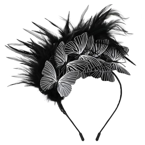 MWOOT Feder Schmetterling Haarschmuck Haarreif, 1920er Fascinator Kopfschmuck für Damen, Schwarz Feder 20er Jahre Stirnband mit Schmetterling für Karneval Cocktail Hochzeit Tee-Party Accessoires von MWOOT