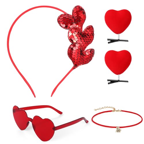 MWOOT Glitzer Herz Haarreif, Sonnenbrille in Herzform, Herzförmige Haarspangen, Rose Halskette, Valentinstag Rotes Herz Kostüm Zubehör für Hochzeit Junggesellinnenabschied Party Foto Requisiten von MWOOT