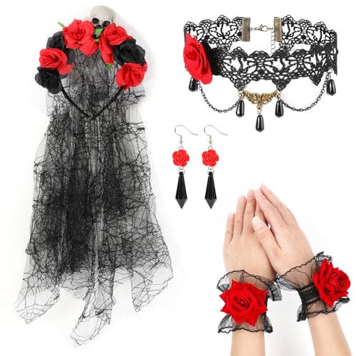MWOOT Halloween Tag der Toten Haarreif Mexikanische Stirnband mit Rosen Totenkopf Schleier Gothic Halskette Spitze Handgelenk Manschette kristall ohrringe Kostüm Accessoires für Karneval Cosplay Party MWOOT Halloween Tag der Toten Haarreif Mexikanische Stirnband mit Rosen Totenkopf Schleier Gothic Halskette Spitze Handgelenk Manschette kristall ohrringe Kostüm Accessoires für Karneval Cosplay Party von MWOOT