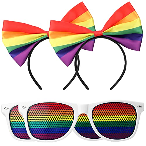MWOOT LGBTQ Accessoires 2 Kit mit Regenbogen Stirnband Weiß Umrandete Sonnenbrille, Rainbow Pride Stuff Set für Gay Lesben Männer Frauen, Accessoires für Pride Parades von MWOOT