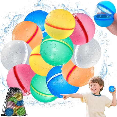 12 Stück Wasserbomben Wiederverwendbar, Wiederverwendbare Wasserbomben, Magnet Wasserbomben Selbstschließend, Pool Spielzeug ideal für Outdoor Spiele, Strand, Party, Wasserschlachten (Mit Netzbeutel) von MWRWRR