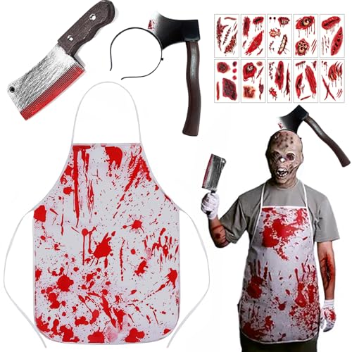 Halloween Schlächter Kostüm, 4-er Halloween Schlachter Horror Set, Horror-Accessoires mit Blutige Schürze, Blutige Haarschmuck, Messer, Zombie Scars Tattoo, Schlächter Kostüm für Damen Herren Halloween Schlächter Kostüm, 4-er Halloween Schlachter Horror Set, Horror-Accessoires mit Blutige Schürze, Blutige Haarschmuck, Messer, Zombie Scars Tattoo, Schlächter Kostüm für Damen Herren von MWRWRR