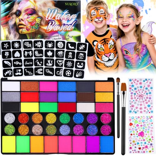 Kinderschminke Set, 42 Gesichtsfarben Kinderschminken Set, Schminke Kinder mit professionellen Pinsel, 4 Schablonen, 2 Diamant-Sticker, Waschbar Face Paint Bodypaint Schminkset für Halloween Karneval von MWRWRR