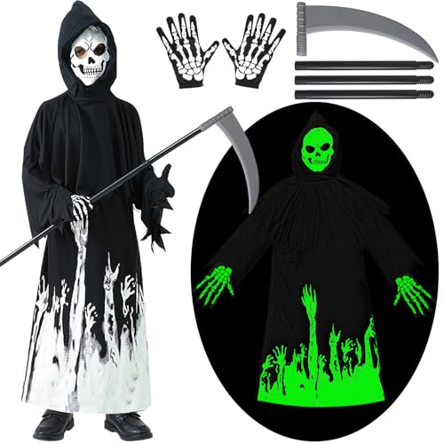 MWZEAUL Sensenmann Scream Kostüm für Kinder, Halloween Kostüm Zombie kostüm kinder Jungen mit Sense, Leuchtenden Kostüme Skelett Kinder Halloween kostüm für Rollenspiele, Karneval, Horror Party MWZEAUL Sensenmann Scream Kostüm für Kinder, Halloween Kostüm Zombie kostüm kinder Jungen mit Sense, Leuchtenden Kostüme Skelett Kinder Halloween kostüm für Rollenspiele, Karneval, Horror Party von MWZEAUL