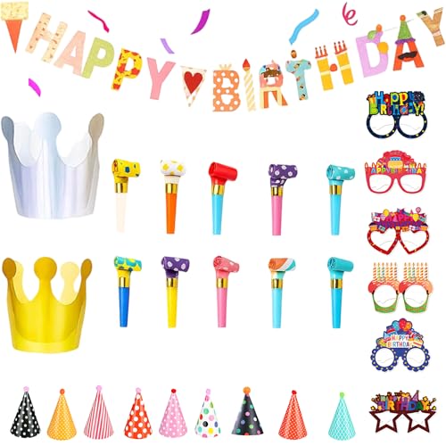 28-teiliges Geburtstagsparty-Set mit Mini-Partyhüten, Partyhüten für Kinder, Papiergläser, Gebläse für Kinder, Geburtstagshut, für Teddy von MXHBSTP