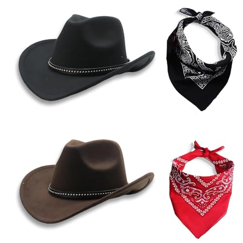 MXHBSTP Cowboyhut-Set, Western-Cowboyhüte für Damen und Herren, Cowboyhüte für Westpartys, Halloween-Kostüme, Country-Konzerte, Unisex-Cowboy-Outfit-Zubehör, 4-teiliges Set von MXHBSTP
