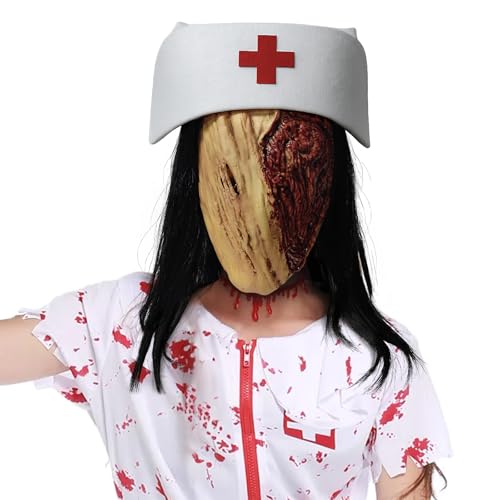 Krankenschwester Halloween Maske, Silent Hill Scar Krankenschwestermaske mit Langen Schwarzen Haaren 3D Realistische Gruselmasken Kostüm Fasching Cosplay Partydekoration Requisiten (MX-Nurse mask) von MXJFYY