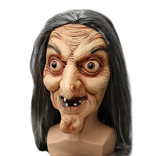 Halloween Gruselige Hexenmaske, Gruselige Alte Frau Hexe Maske mit Lange Haaren, Horror Realistische Hexen Maske für Halloween Karneval Party Kostüm Cosplay Kostüm Dekorationen von MXJFYY