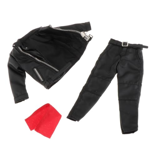 1:12 Herren PU-Lederjacken-Set mit Hose, Gürtel, Schal, Kostüm für 15,2 cm große Figuren von MXRGUMVI