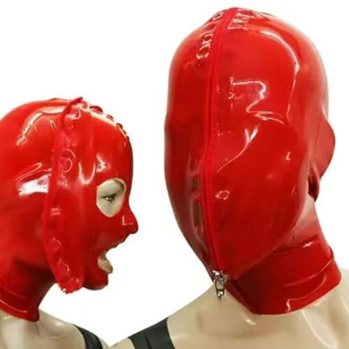 MXRYSQY Latexmaske Rot Mit Augen- Und Mund-Reißverschluss-Design Gummi Kopfbedeckung für Cosplay Maske Latexliebhaber(Size:L) von MXRYSQY