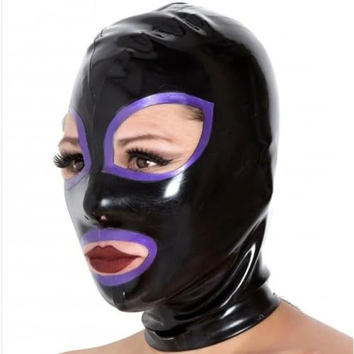 MXRYSQY Latexmaske handgefertigte schwarze mit Lila Streifen verziert freiliegende Augen Mund Rücken Reißverschluss (Size:M) von MXRYSQY