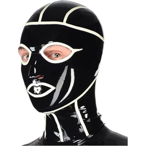 MXRYSQY Latexmaske handgefertigte schwarze mit weißen Streifen verziert freiliegende Augen Mund Rücken Reißverschluss (Size:M) von MXRYSQY