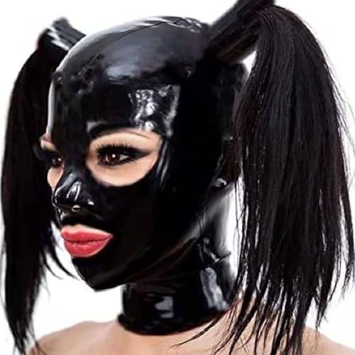 MXRYSQY Schwarze Latexhaube mit Perücke Pferdeschwanz Reißverschluss Hinten Kopfbedeckung aus Latexfür Unisex Cosplay (Size:M) von MXRYSQY