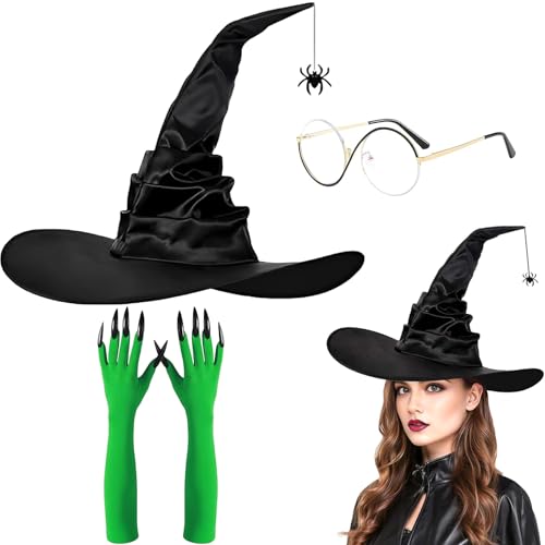 3 Stück Hexenmütze, Hexenzubehör für schwarze Faltenmütze + Spinne, grüne Handschuhe und schwarze goldene Rahmen-Brille, Kleid für Karneval, Party und Theater, schwarze Hexenmütze mit Hexenkostüm 3 Stück Hexenmütze, Hexenzubehör für schwarze Faltenmütze + Spinne, grüne Handschuhe und schwarze goldene Rahmen-Brille, Kleid für Karneval, Party und Theater, schwarze Hexenmütze mit Hexenkostüm von MXYZQDE