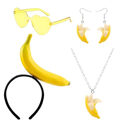 Bananen Kostüm Set, Teile Inklusive Bananen Haarreif, Gelbe Brille, Ohrringe, Halskette Und Haarklammern, Ideal Für Karneval, Halloween Und Geburtstagsfeiern, Perfektes Accessoire Für Frauen Und Mädc von MXYZQDE