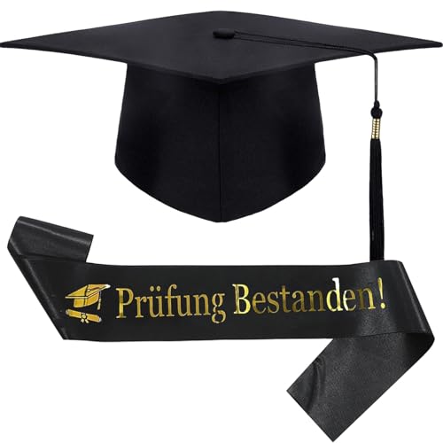 MXYZQDE 2 Stück Graduation Hat Doktorhut, Set mit Schwarzer Gold-Deutsch-Schrift Abschlussbinde für Ihre Feier des Erfolgreichen Studiumsendes (prüfung bestanden) Ihren Besonderen Tag von MXYZQDE