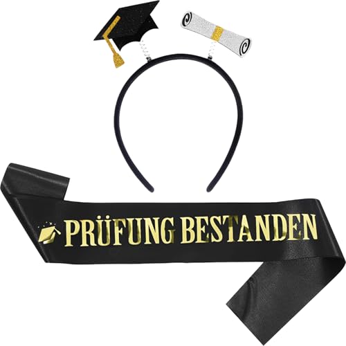 Prüfung Bestanden Schärpe Und Haarreif Set, Bestandene Prüfung Geschenk, Inklusive Eines Goldenen Absolventenhuts Und Einer Schwarzen Abschluss Schärpe Graduation Deko Für Feiern Graduation Deko von MXYZQDE