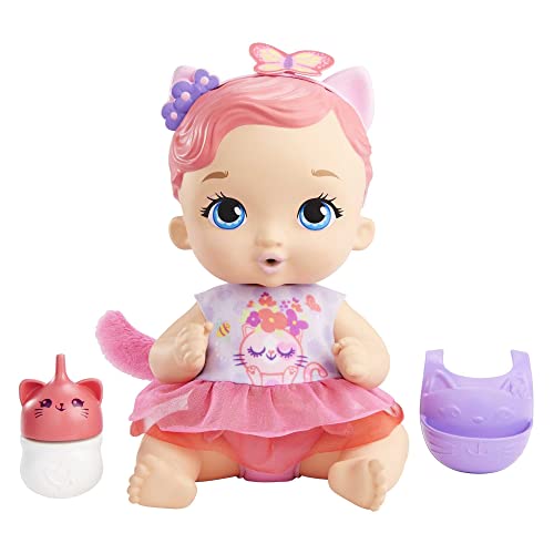 My Garden Baby HHL21 - Katzen-Baby Puppe (pinke Haare) mit Katzenohren und süßem Jasmin-Duft, inklusive Lätzchen, Fläschchen und Stoffwindel, Spielzeug für Kinder - ab 3 Jahren von Mattel