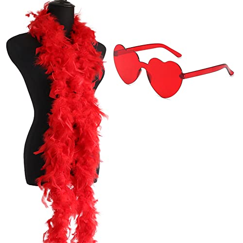 Federboa Rot und Herzbrille, 78"/200cm Federboa für Frauen, Kostüm- und Bastelzubehör für Cosplay, Halloween, Kostüm Kareval, Kostümparty von MYBOO