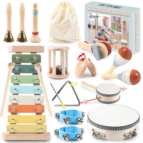 11 in 1 Toddler Musical Instruments Set, Neutral Colours Montessori Wooden Musical Instruments for Toddlers, Percussion-Instrumente für 1-3 Jährige Kinder, Kinderspielzeug Geschenke für Kleinkinder von MYDOVA
