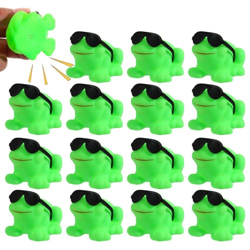 AUTOECHO Grünes Froschspielzeug für Kinder, Gummifroschspielzeug - 16 Stück kleine grüne Froschspielzeuge - Sonnenbrillen-Design, schwimmendes Sound-Badewannenspielzeug, Badespaßtier für den Pool von MYJIO