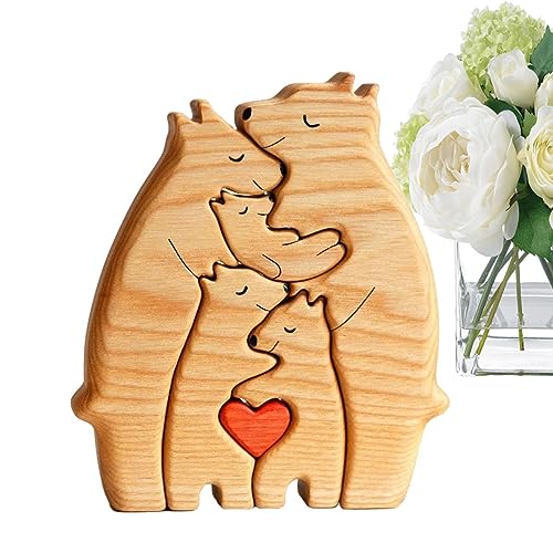 Personalisierte Bärenfamilie Holzkunstpuzzle – DIY Holzbär Familie Figur, Tier Familie Holz Statue Dekor, Familienname Bär Herz Puzzle, Bär Familie Holzkunst für Zuhause Tisch Schreibtisch Dekoration von MYJIO