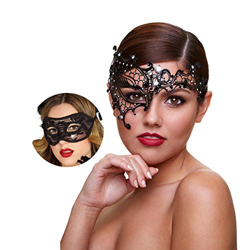 Maskerade-Maske für Paare, Frauen, Metall, Strass, venezianisch, hübsch, Party, Abend, Abschlussball, Ballmaske, luxuriöse Metallmaske mit kostenloser Spitzenmaske, 2 Stück (halbes Gesicht) von MYMENU