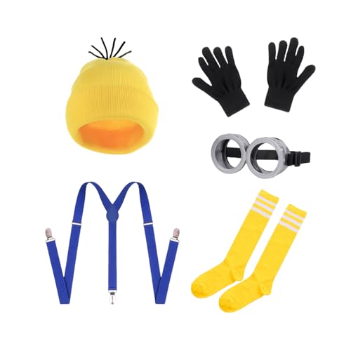 MYQYwin Gelbes 5-teiliges Zubehör-Set, Halloween-Rollenspiel für Kinder, Steampunk-Brille, Brille, gelbe Beanie-Mütze/Socken, schwarze Handschuhe MYQYwin Gelbes 5-teiliges Zubehör-Set, Halloween-Rollenspiel für Kinder, Steampunk-Brille, Brille, gelbe Beanie-Mütze/Socken, schwarze Handschuhe von MYQYwin