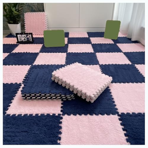 10-teilige ineinander greifende Bodenmatte aus Plüschschaum, zuschneidbare weiche Spielmatte, Flauschige Teppichquadrate mit Rand, Puzzlematten für den Zimmerboden, 30 x 30 cm (Farbe: Pink + Marinebl von MYRDBT