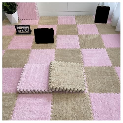 10-teilige ineinander greifende Bodenmatte aus Plüschschaum, zuschneidbare weiche Spielmatte, Flauschige Teppichquadrate mit Rand, Puzzlematten für den Zimmerboden, 30 x 30 cm (Farbe: Pink + Aprikose von MYRDBT
